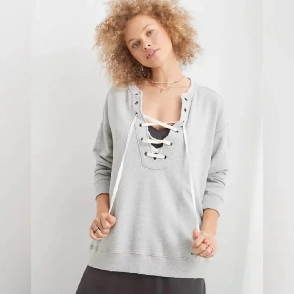 Aerie lace up oversized gray pullover sweatshirt womens medium m athleisure
